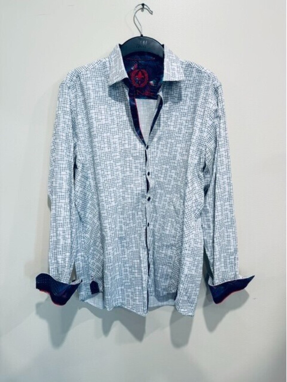 Au Noir Mens Size 4 L White Geometric Grid Button Down Shirt Contrast Cuffs Turk